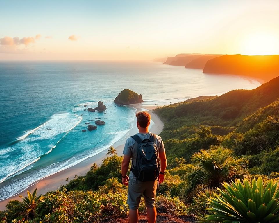 A breathtaking view of the Pacific Coast of Costa Rica during sunrise, showcasing lush green hills cascading down to pristine sandy beaches. In the foreground, a backpacker in modest casual clothing stands with a backpack, gazing out over the gentle waves lapping at the shore. The middle ground features vibrant tropical foliage and scattered palm trees, while small rocky outcrops jut into the teal waters. In the background, the sun rises, painting the sky in warm oranges and soft pinks, with distant cliffs framing the scene. The atmosphere is serene and adventurous, highlighting the beauty of nature and the thrill of backpacking. Capture this scene with soft, natural lighting, a wide-angle perspective to encompass the coastline, and a focus on the interplay of light and shadow. A breathtaking view of the Pacific Coast of Costa Rica during sunrise, showcasing lush green hills cascading down to pristine sandy beaches. In the foreground, a backpacker in modest casual clothing stands with a backpack, gazing out over the gentle waves lapping at the shore. The middle ground features vibrant tropical foliage and scattered palm trees, while small rocky outcrops jut into the teal waters. In the background, the sun rises, painting the sky in warm oranges and soft pinks, with distant cliffs framing the scene. The atmosphere is serene and adventurous, highlighting the beauty of nature and the thrill of backpacking. Capture this scene with soft, natural lighting, a wide-angle perspective to encompass the coastline, and a focus on the interplay of light and shadow.