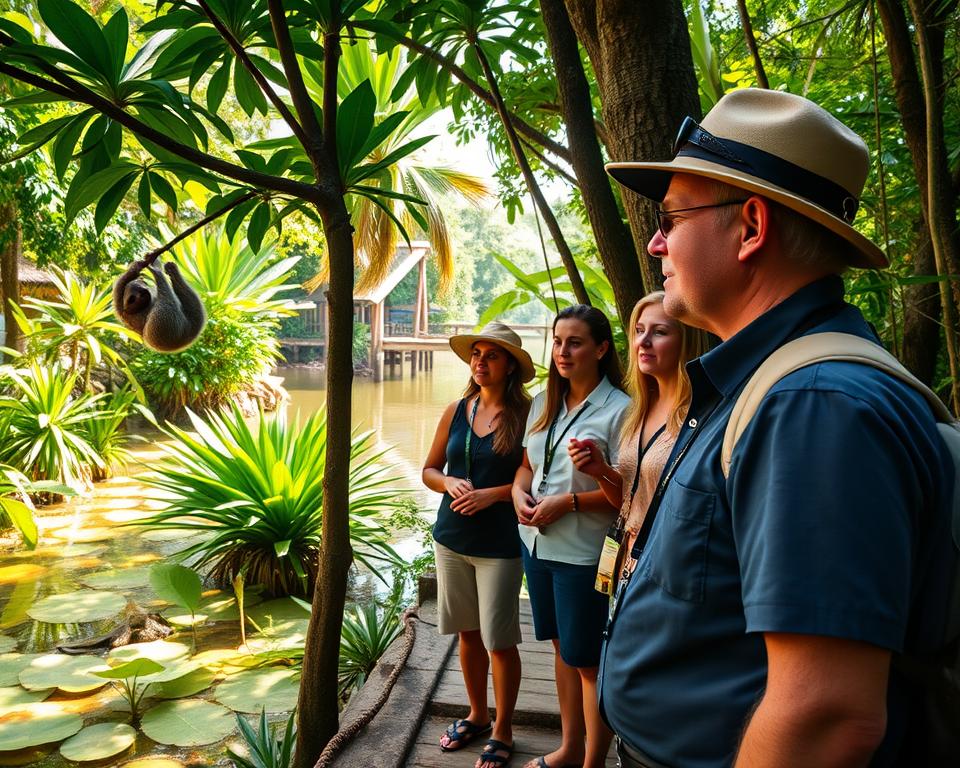 A knowledgeable tour guide, dressed in professional yet casual attire, stands confidently in the lush heart of <a href=