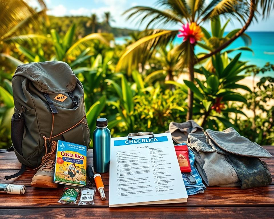 A neatly arranged backpacking checklist for a Costa Rica adventure, displayed prominently in the foreground on a rustic wooden table. The items include a lightweight backpack, hiking boots, a reusable water bottle, a travel guidebook, a first aid kit, and tropical clothing like lightweight shirts and cargo shorts. In the middle ground, there's a lush tropical jungle scene, with vibrant green foliage and colorful flowers that evoke the biodiversity of Costa Rica. The background features a glimpse of a tranquil beach under a bright blue sky, adding to the tropical atmosphere. The lighting is warm and inviting, mimicking the golden hour with soft shadows to create a relaxed, adventurous mood. The angle is slightly elevated, allowing a clear view of the checklist while capturing the essence of the Costa Rican landscape. A neatly arranged backpacking checklist for a Costa Rica adventure, displayed prominently in the foreground on a rustic wooden table. The items include a lightweight backpack, hiking boots, a reusable water bottle, a travel guidebook, a first aid kit, and tropical clothing like lightweight shirts and cargo shorts. In the middle ground, there's a lush tropical jungle scene, with vibrant green foliage and colorful flowers that evoke the biodiversity of Costa Rica. The background features a glimpse of a tranquil beach under a bright blue sky, adding to the tropical atmosphere. The lighting is warm and inviting, mimicking the golden hour with soft shadows to create a relaxed, adventurous mood. The angle is slightly elevated, allowing a clear view of the checklist while capturing the essence of the Costa Rican landscape.