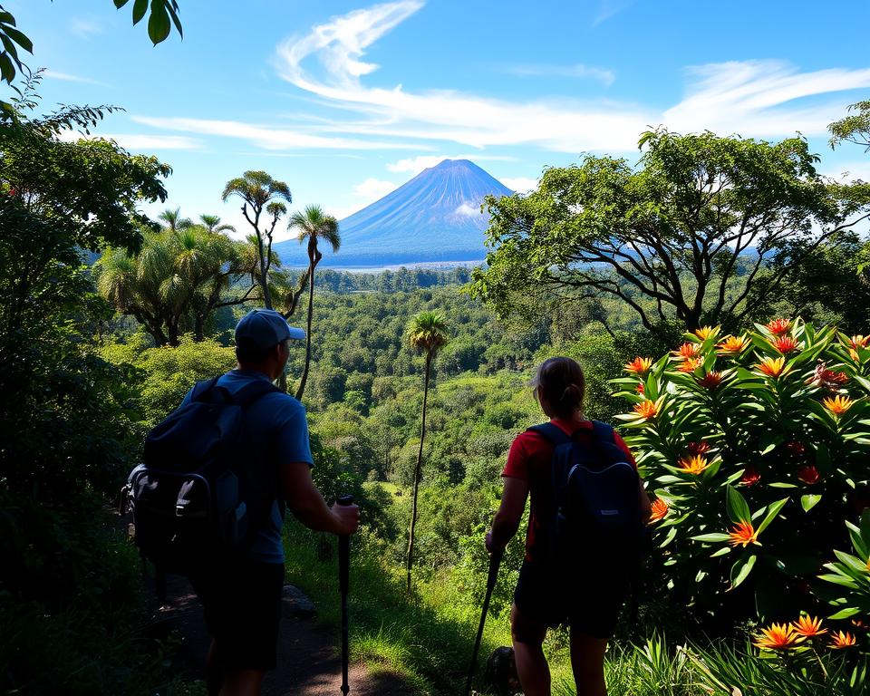 A picturesque scene depicting backpackers traversing a lush Costa Rican national park, surrounded by vibrant tropical flora. In the foreground, two adventurers in modest hiking attire are enjoying the view, with backpacks and trekking poles. The middle ground showcases dense greenery, towering trees, and bursts of colorful flowers typical of Costa Rica's biodiversity. In the background, a majestic volcano looms under a clear blue sky, with wisps of clouds drifting by. Soft, natural sunlight filters through the leaves, casting dappled shadows on the ground. The atmosphere is one of adventure and tranquility, inviting viewers to explore the rich natural beauty of Costa Rica. A picturesque scene depicting backpackers traversing a lush Costa Rican national park, surrounded by vibrant tropical flora. In the foreground, two adventurers in modest hiking attire are enjoying the view, with backpacks and trekking poles. The middle ground showcases dense greenery, towering trees, and bursts of colorful flowers typical of Costa Rica's biodiversity. In the background, a majestic volcano looms under a clear blue sky, with wisps of clouds drifting by. Soft, natural sunlight filters through the leaves, casting dappled shadows on the ground. The atmosphere is one of adventure and tranquility, inviting viewers to explore the rich natural beauty of Costa Rica.