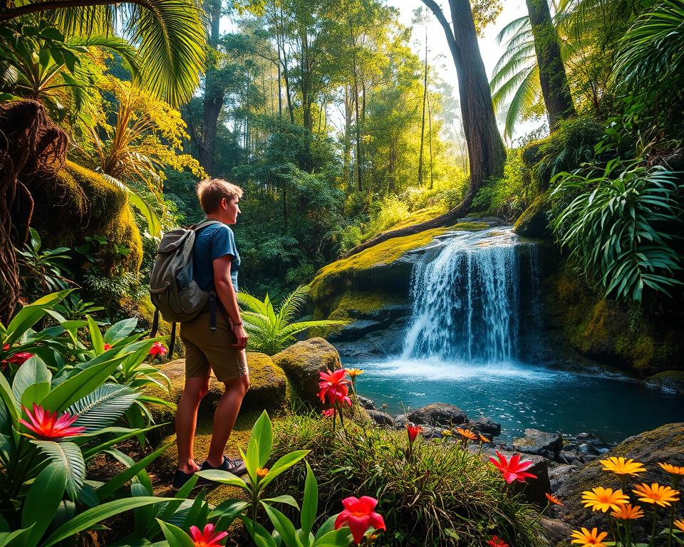 A picturesque scene of a lush Costa Rican jungle, where a backpacker, dressed in modest casual clothing, pauses to admire a hidden waterfall cascading over moss-covered rocks. In the foreground, various tropical plants and vibrant flowers create a rich tapestry of colors. In the middle ground, the explorer is marveling at the crystal-clear water, droplets sparkling in the sunlight that filters through the dense canopy overhead. In the background, towering trees stretch towards the sky, casting soft shadows on the forest floor. The atmosphere conveys a sense of adventure and tranquility, emphasizing eco-friendly travel. The lighting is warm and golden, reminiscent of the late afternoon sun, captured with a wide-angle lens to enhance the expansive beauty of the wilderness. A picturesque scene of a lush Costa Rican jungle, where a backpacker, dressed in modest casual clothing, pauses to admire a hidden waterfall cascading over moss-covered rocks. In the foreground, various tropical plants and vibrant flowers create a rich tapestry of colors. In the middle ground, the explorer is marveling at the crystal-clear water, droplets sparkling in the sunlight that filters through the dense canopy overhead. In the background, towering trees stretch towards the sky, casting soft shadows on the forest floor. The atmosphere conveys a sense of adventure and tranquility, emphasizing eco-friendly travel. The lighting is warm and golden, reminiscent of the late afternoon sun, captured with a wide-angle lens to enhance the expansive beauty of the wilderness.