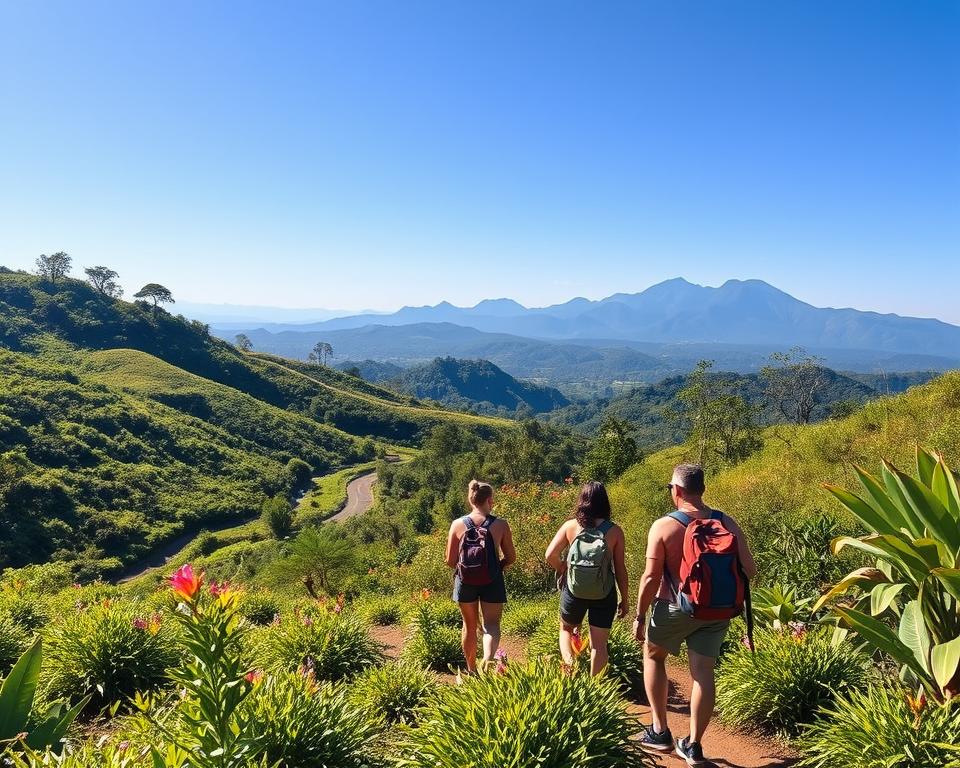 A scenic backpacking route through the lush landscapes of Costa Rica, showcasing a winding trail surrounded by vibrant greenery, sloping hills, and tropical plants. In the foreground, a small group of backpackers dressed in comfortable, modest outdoor clothing pauses to admire the view, their backpacks resting on the ground. The middle section features a diverse array of flora and fauna typical of Costa Rica, with colorful flowers and butterflies enhancing the atmosphere. In the background, majestic mountains rise under a clear blue sky, bathed in soft morning light. The image conveys a sense of adventure, freedom, and connection with nature, perfect for an article illustrating the beauty of exploring Costa Rica without a car. A scenic backpacking route through the lush landscapes of Costa Rica, showcasing a winding trail surrounded by vibrant greenery, sloping hills, and tropical plants. In the foreground, a small group of backpackers dressed in comfortable, modest outdoor clothing pauses to admire the view, their backpacks resting on the ground. The middle section features a diverse array of flora and fauna typical of Costa Rica, with colorful flowers and butterflies enhancing the atmosphere. In the background, majestic mountains rise under a clear blue sky, bathed in soft morning light. The image conveys a sense of adventure, freedom, and connection with nature, perfect for an article illustrating the beauty of exploring Costa Rica without a car.