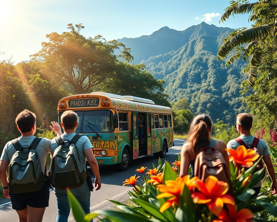 A scenic view of a colorful bus traveling along a winding road in Costa Rica, surrounded by lush green rainforest and vibrant tropical flowers. In the foreground, a group of young backpackers in modest casual clothing, carrying backpacks, are eagerly boarding the bus, showcasing a sense of adventure. The middle ground features the bus adorned with local art, with rays of sunlight filtering through the dense canopy above, creating a warm, inviting atmosphere. In the background, majestic mountains rise up against a clear blue sky, emphasizing the beauty of Costa Rica’s diverse landscapes. Capture this scene with a wide-angle lens, emphasizing the bus’s journey and the excitement of exploring the country’s charm. The mood is vibrant and cheerful, reflecting the spirit of budget-friendly travel and exploration. A scenic view of a colorful bus traveling along a winding road in Costa Rica, surrounded by lush green rainforest and vibrant tropical flowers. In the foreground, a group of young backpackers in modest casual clothing, carrying backpacks, are eagerly boarding the bus, showcasing a sense of adventure. The middle ground features the bus adorned with local art, with rays of sunlight filtering through the dense canopy above, creating a warm, inviting atmosphere. In the background, majestic mountains rise up against a clear blue sky, emphasizing the beauty of Costa Rica’s diverse landscapes. Capture this scene with a wide-angle lens, emphasizing the bus’s journey and the excitement of exploring the country’s charm. The mood is vibrant and cheerful, reflecting the spirit of budget-friendly travel and exploration.