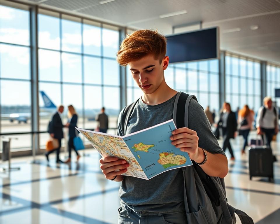 A scenic view of a traveler at a German airport preparing for a flight to Costa Rica, highlighting an airport check-in area with large windows displaying a clear blue sky and aircraft in the background. In the foreground, a young adult wearing a modest casual outfit is checking a travel document and a map of Costa Rica, with a packed backpack beside them. The middle ground features a bustling airport scene with people in smart casual clothing and various travel essentials. The lighting is bright and inviting, creating an atmosphere of excitement and anticipation. Capture the essence of travel and adventure, focusing on the journey from Germany to the vibrant landscapes of Costa Rica. A scenic view of a traveler at a German airport preparing for a flight to Costa Rica, highlighting an airport check-in area with large windows displaying a clear blue sky and aircraft in the background. In the foreground, a young adult wearing a modest casual outfit is checking a travel document and a map of Costa Rica, with a packed backpack beside them. The middle ground features a bustling airport scene with people in smart casual clothing and various travel essentials. The lighting is bright and inviting, creating an atmosphere of excitement and anticipation. Capture the essence of travel and adventure, focusing on the journey from Germany to the vibrant landscapes of Costa Rica.