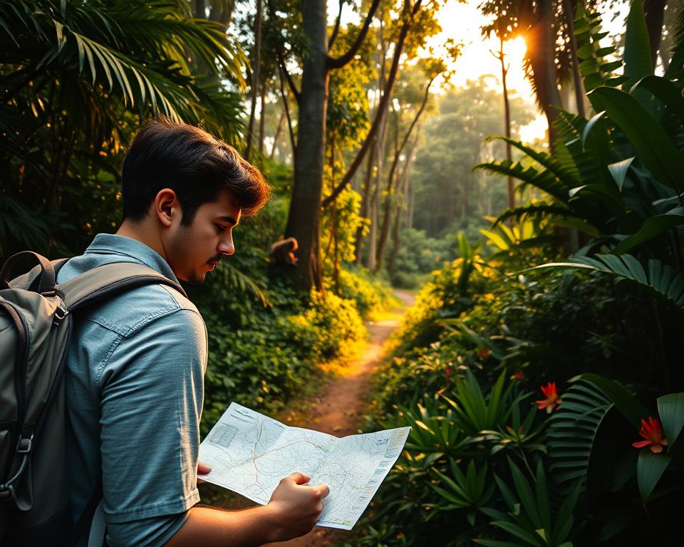 A serene jungle path in Costa Rica, showcasing a backpacker in modest casual attire, cautiously navigating through lush greenery. In the foreground, focus on the backpacker, equipped with a sturdy backpack, looking at a detailed map with a look of determination. In the middle ground, dense tropical plants, vibrant flowers, and a faint glimpse of wildlife like a monkey or vibrant birds, adding life to the scene. The background features towering trees filtering golden sunlight, creating a warm, inviting atmosphere. The image is captured using a wide-angle lens to emphasize the depth of the forest, with soft diffused lighting to enhance the feeling of adventure and safety. The mood is hopeful and explorative, embodying the spirit of traveling safely in Costa Rica. A serene jungle path in Costa Rica, showcasing a backpacker in modest casual attire, cautiously navigating through lush greenery. In the foreground, focus on the backpacker, equipped with a sturdy backpack, looking at a detailed map with a look of determination. In the middle ground, dense tropical plants, vibrant flowers, and a faint glimpse of wildlife like a monkey or vibrant birds, adding life to the scene. The background features towering trees filtering golden sunlight, creating a warm, inviting atmosphere. The image is captured using a wide-angle lens to emphasize the depth of the forest, with soft diffused lighting to enhance the feeling of adventure and safety. The mood is hopeful and explorative, embodying the spirit of traveling safely in Costa Rica.