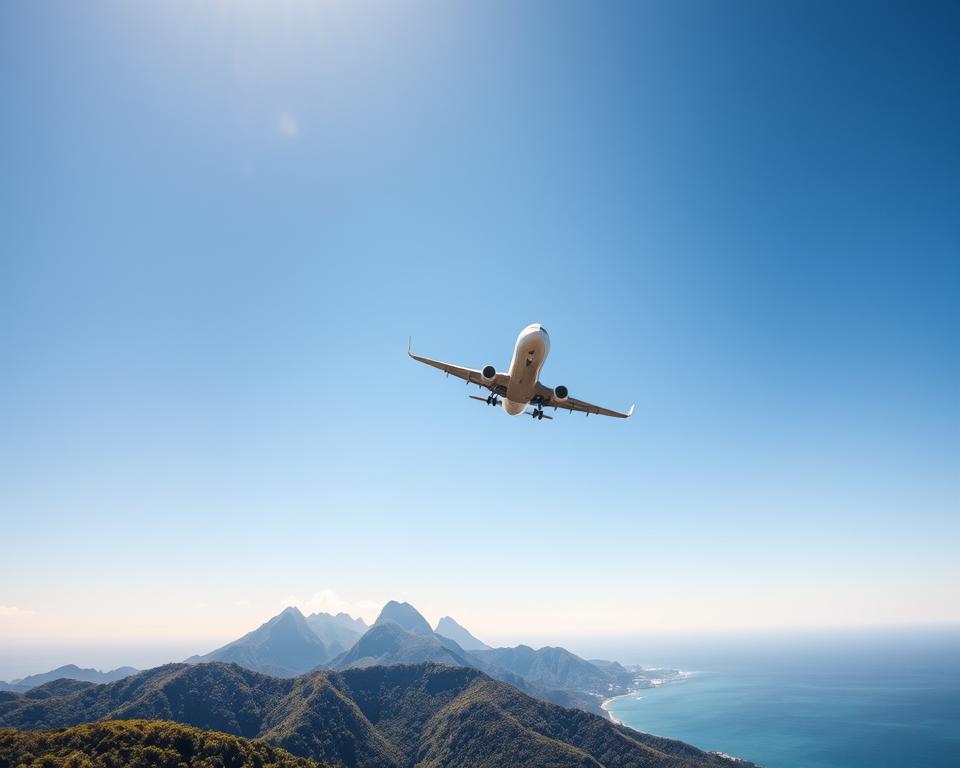 A serene travel scene capturing the excitement of a flight to Costa Rica. In the foreground, a modern passenger airplane is climbing into a clear blue sky, its wings shining in the sunlight. In the middle ground, lush green mountains and the sparkling Pacific Ocean come into view, illustrating the beautiful landscape of Costa Rica. The sunlight bathes everything in a warm, inviting glow, enhancing the vibrant greens of the trees and the deep blue of the ocean. The atmosphere is tranquil yet exhilarating, evoking a sense of adventure and anticipation. The angle showcases the airplane soaring high above the breathtaking scenery, emphasizing the journey’s start. Focus on rich colors and soft lighting to create an inviting, dream-like quality. No people or text should be included, ensuring a clean, captivating image.