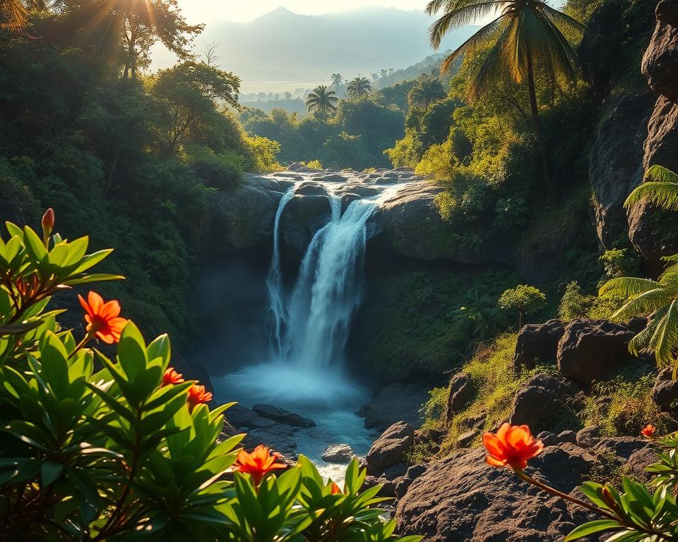 A stunning waterfall cascades down rugged rocks in Guanacaste, Costa Rica, surrounded by vibrant tropical foliage. In the foreground, lush green plants frame the scene, with occasional blooms adding splashes of color. The middle ground features the powerful waterfall, glistening as sunlight filters through the trees, creating a shimmering effect on the water. In the background, dense forest extends towards distant mountains, shrouded in mist, adding depth to the composition. The image captures a serene yet dynamic atmosphere, highlighting the natural beauty and tranquility of the setting. Soft, warm lighting enhances the scene during the golden hour, with a focus on vibrant colors and textures, evoking a sense of adventure and exploration.