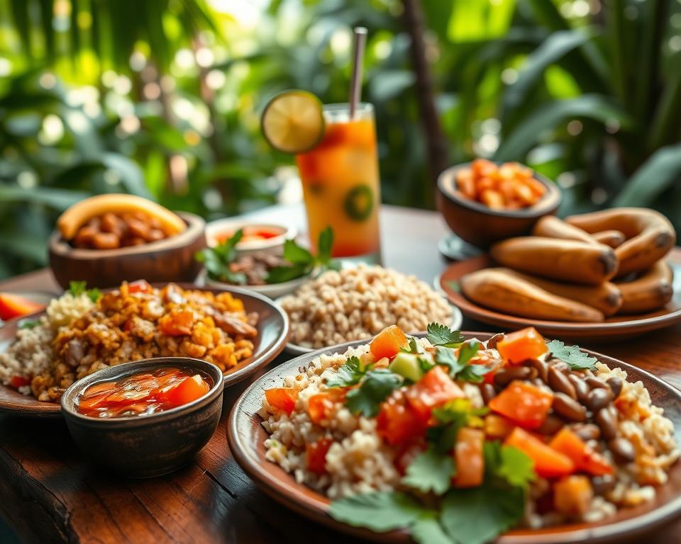 A vibrant and colorful arrangement of traditional Costa Rican dishes, featuring Gallo Pinto (rice and beans), fresh ceviche served in a coconut shell, and plantains sautéed with garlic, all beautifully plated on a rustic wooden table. In the foreground, a small bowl of fresh salsa with bright red tomatoes and green cilantro adds a pop of color. In the middle, a refreshing drink made from tropical fruits is garnished with a slice of lime. The background captures a lush jungle setting with soft, dappled sunlight filtering through the leaves, creating a warm and inviting atmosphere. The scene is shot from a slight angle, using a shallow depth of field to focus on the culinary delights while allowing the vibrant greens of the jungle to create a captivating backdrop.