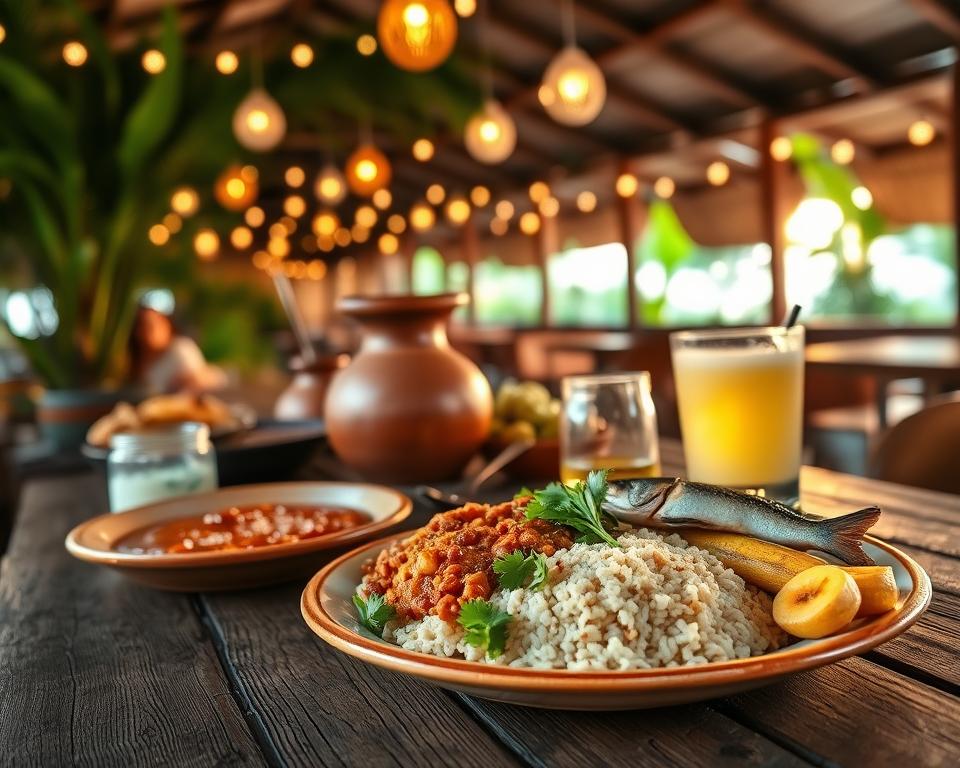 A vibrant, authentic Guanacaste-style dining scene set against a rustic wooden table. In the foreground, showcase a colorful plate of typical dishes, such as "gallo pinto," a hearty portion of rice and beans, garnished with fresh cilantro, alongside fried plantains and grilled fish. Include a glass of fresh "agua dulce" made from sugarcane. The middle ground features traditional clay pots and utensils, adding cultural depth. In the background, visualize an open-air restaurant with lush green tropical foliage and hanging lights, creating a warm, inviting atmosphere. The lighting is soft and warm, reminiscent of sunset, casting gentle shadows. The mood is festive and welcoming, ideal for experiencing Guanacaste's rich culinary heritage.
