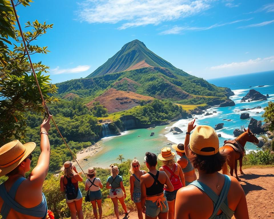 A vibrant scene capturing adventure activities in the Guanacaste region of Costa Rica. In the foreground, depict a diverse group of people engaging in thrilling activities like zip-lining through lush green canopies and horseback riding along the beach. In the middle ground, include a majestic volcanic backdrop with rich greenery, perhaps featuring a waterfall cascading into a natural pool. The background should show the clear blue sky meeting the stunning Pacific coastline, dotted with rocky outcrops. Use warm, golden sunlight to create an inviting and energetic atmosphere. Capture the essence of exploration and nature, with vivid colors highlighting the beauty of Guanacaste's landscapes and adventurous spirit. Opt for a wide-angle perspective to embrace the expansive scenery.