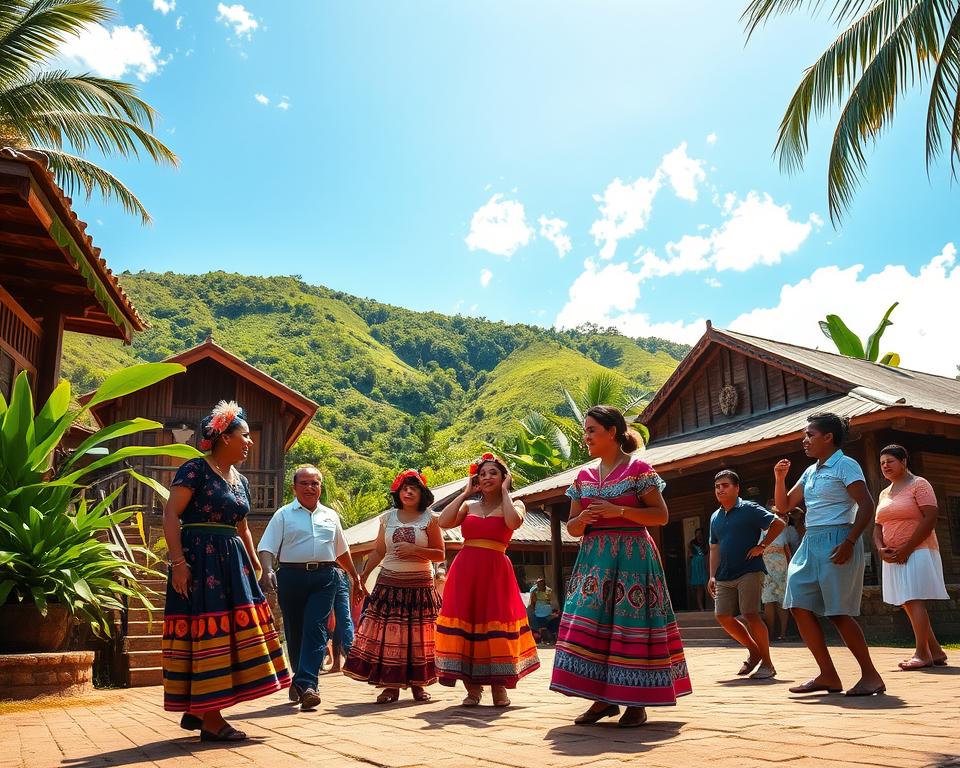 A vibrant scene capturing the historical culture and traditions of Guanacaste, Costa Rica. In the foreground, a traditional Costa Rican family dressed in colorful, modest clothing is engaging in a folkloric dance, celebrating their heritage. The middle ground features wooden structures resembling typical Guanacaste houses, adorned with decorative elements highlighting local craftsmanship. Lush green hills and tropical vegetation form the background under a clear blue sky, with warm sunlight illuminating the scene. The angle is slightly elevated, providing a panoramic view that enhances the festive atmosphere. The image conveys a sense of joy and pride in cultural identity, emphasizing the deep-rooted traditions of <a href=