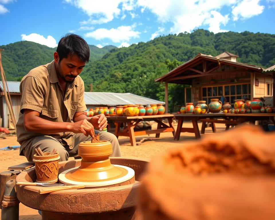 A vibrant scene from the artisan village of Guaitil, Costa Rica, showcasing traditional pottery-making. In the foreground, an artisan, dressed in modest casual clothing, skillfully shapes clay on a potter's wheel, with tools and vibrant completed pottery pieces nearby. In the middle ground, various colorful pottery items are displayed on rustic wooden tables, with intricate designs representative of indigenous culture. The background features lush green mountains under a bright blue sky, creating an atmosphere of natural beauty. Soft, warm lighting enhances the colors of the pottery and the village's earthy tones. The angle captures both the craftsman’s focus and the rich texture of the clay, evoking a sense of creativity and cultural heritage in the heart of Guanacaste.