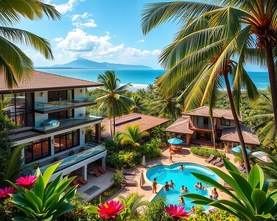 A vibrant tropical scene depicting "Hotels <a href=