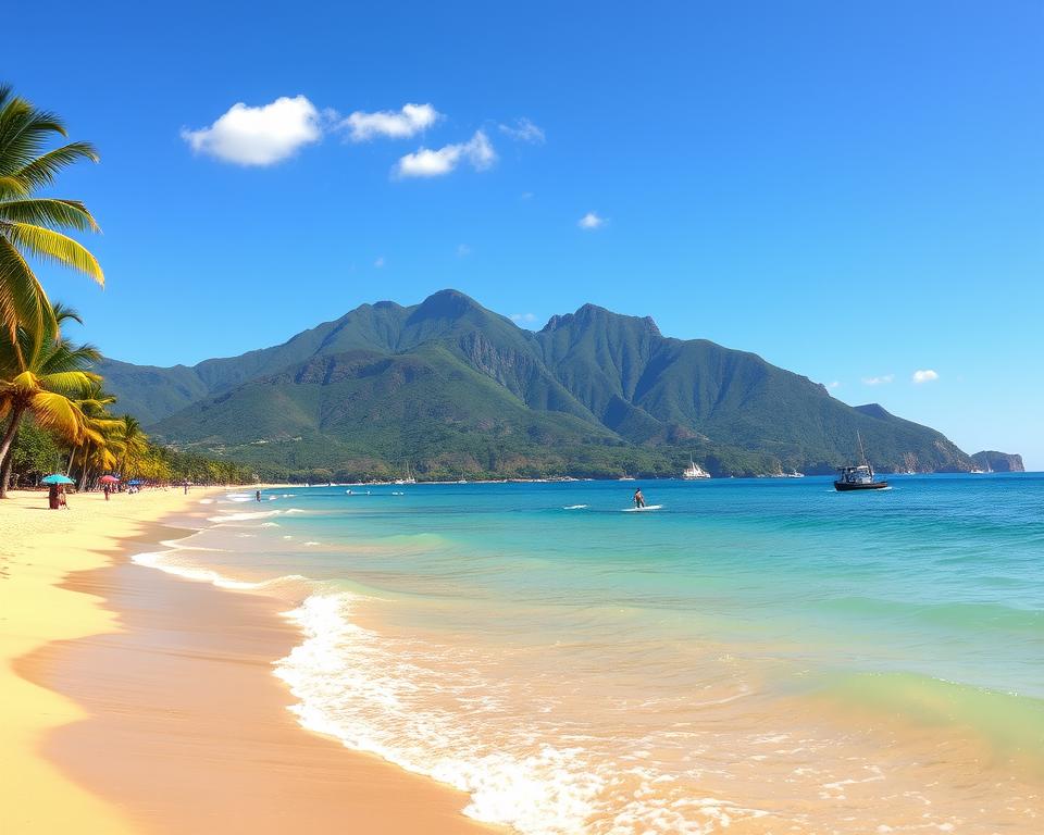 An idyllic beach scene along the Guanacaste Pacific Coast, showcasing pristine golden sands bordered by lush green palm trees. In the foreground, gentle waves lap against the shore, sparkling under the warm sunlight. A few scattered colorful beach umbrellas and a couple of individuals in modest casual attire are enjoying the serene atmosphere. The middle ground features tranquil turquoise waters, where surfers can be seen riding small waves, surrounded by distant fishermen's boats. In the background, the striking silhouette of lush mountains contrasts against a clear blue sky, dotted with a few fluffy white clouds. The lighting is bright and inviting, evoking a sense of relaxation and natural beauty, perfect for illustrating the charm of Guanacaste's beaches.
