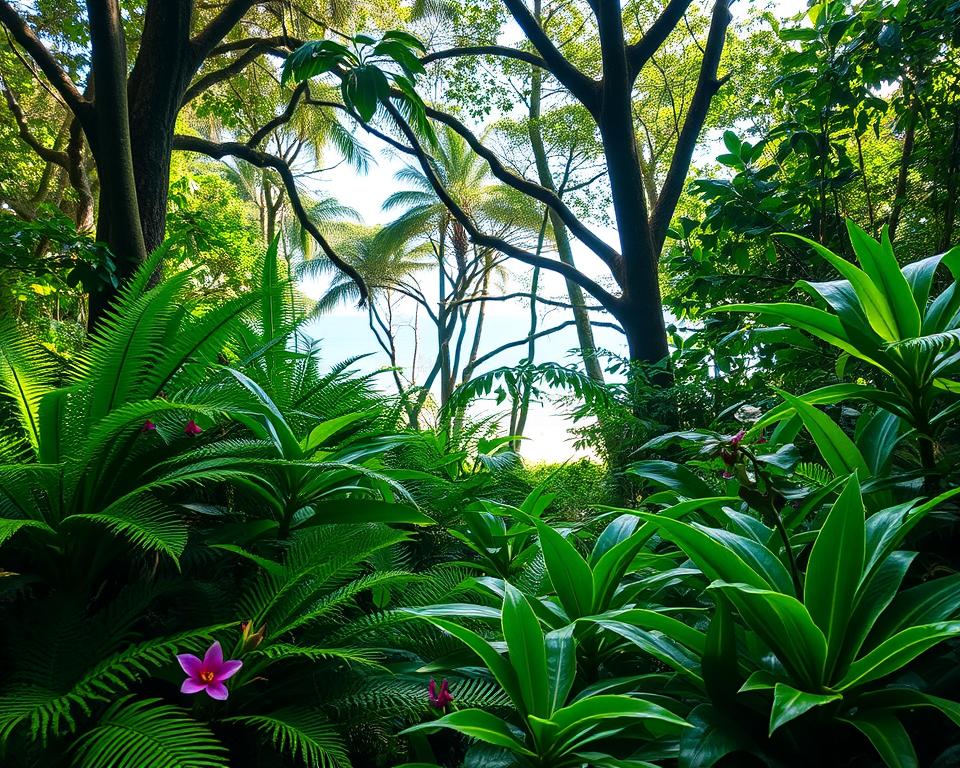 Lush tropical vegetation in the foreground, featuring vibrant green ferns, colorful bromeliads, and delicate orchids, with a variety of textures highlighting the diversity of the plant life in <a href=